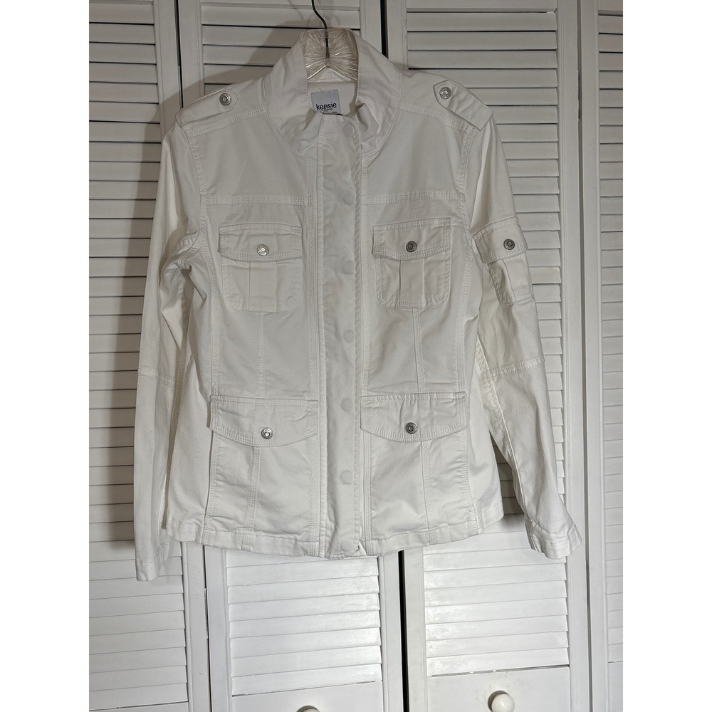 Kensie Womens White Utility Military Jacket Full Zip Snap Pockets Size M